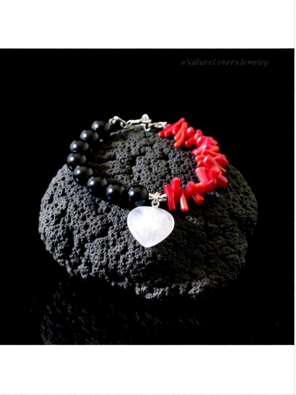 Upscale Luxe Black Jasper, Red Coral & Quartz Statement Bracelet (7.5")